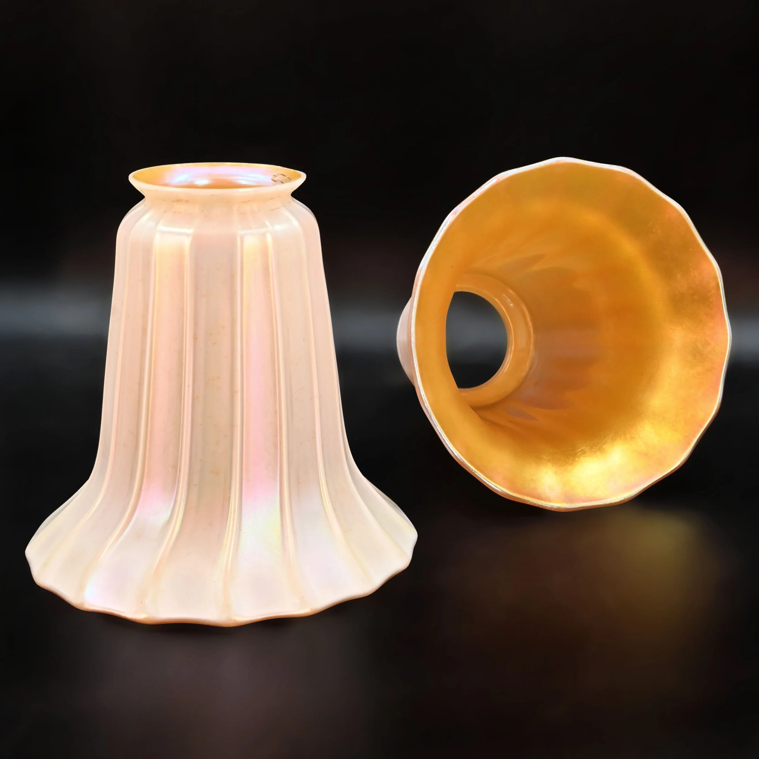 quezal white fluted art glass shades with aurene interior